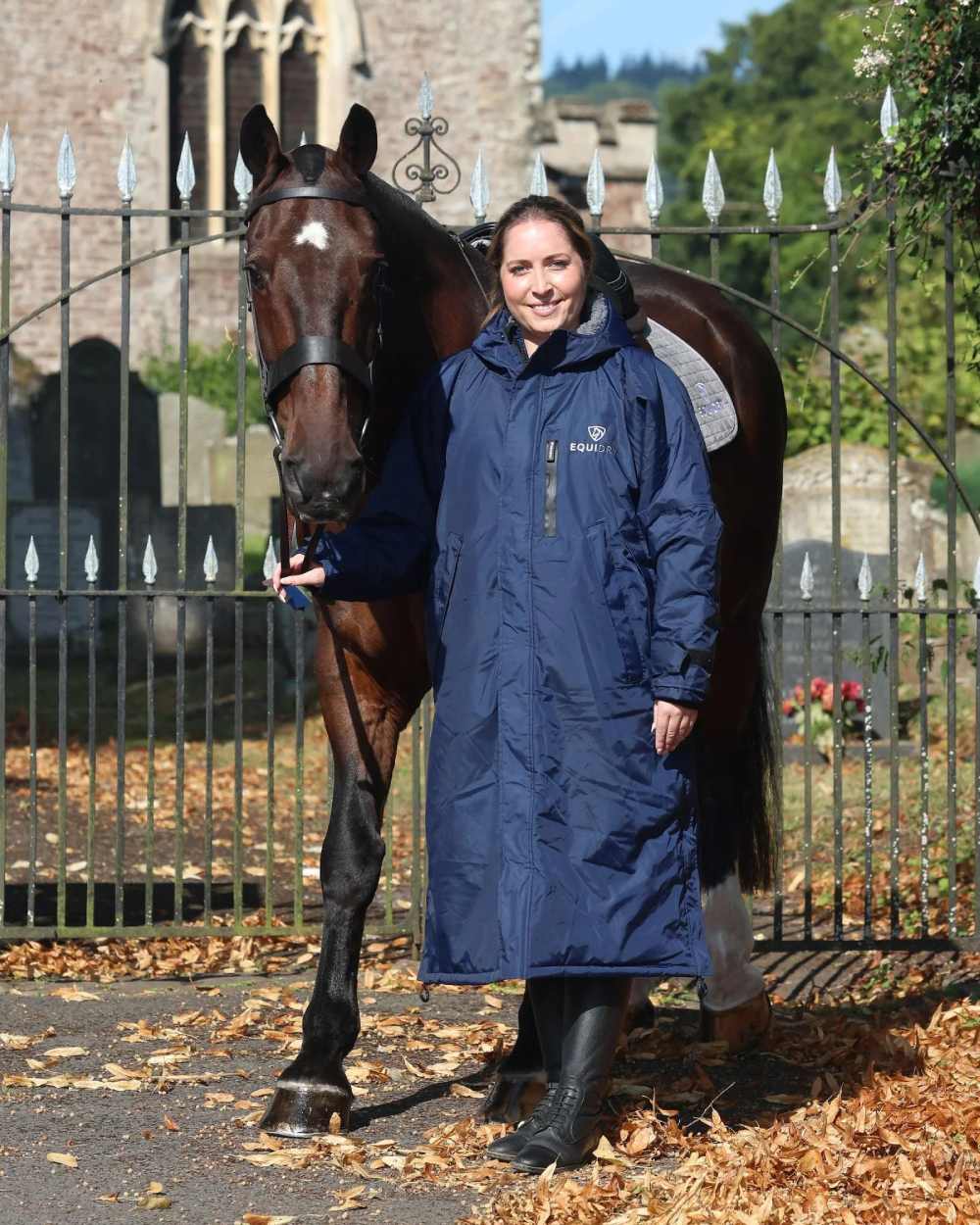 Navy Grey coloured Equidry Womens Original All Rounder Waterproof Coat on outdoor background
