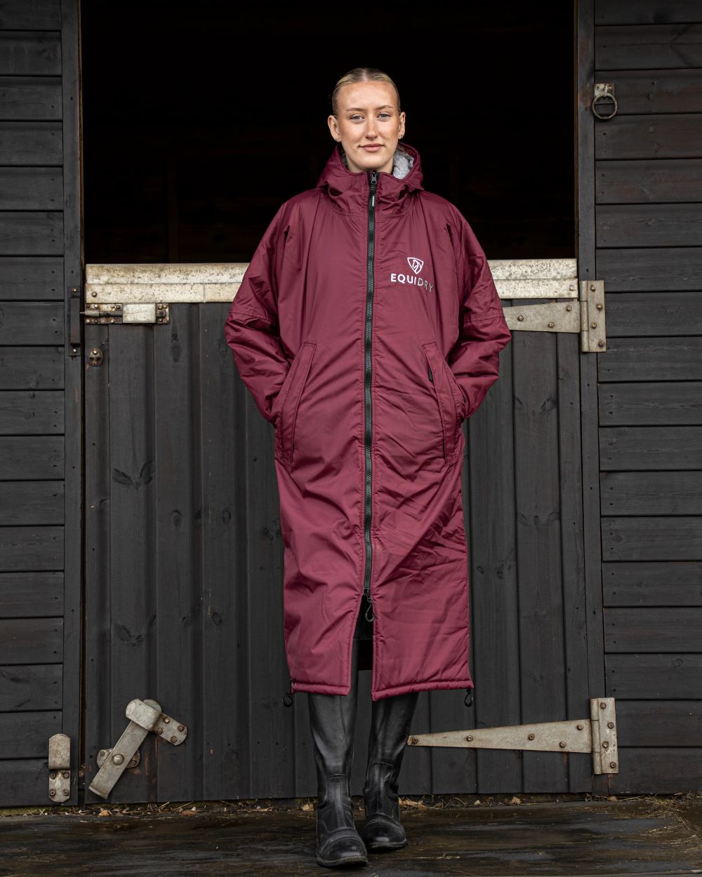 Plum Grey coloured Equidry Womens Original All Rounder Waterproof Coat on outdoor background