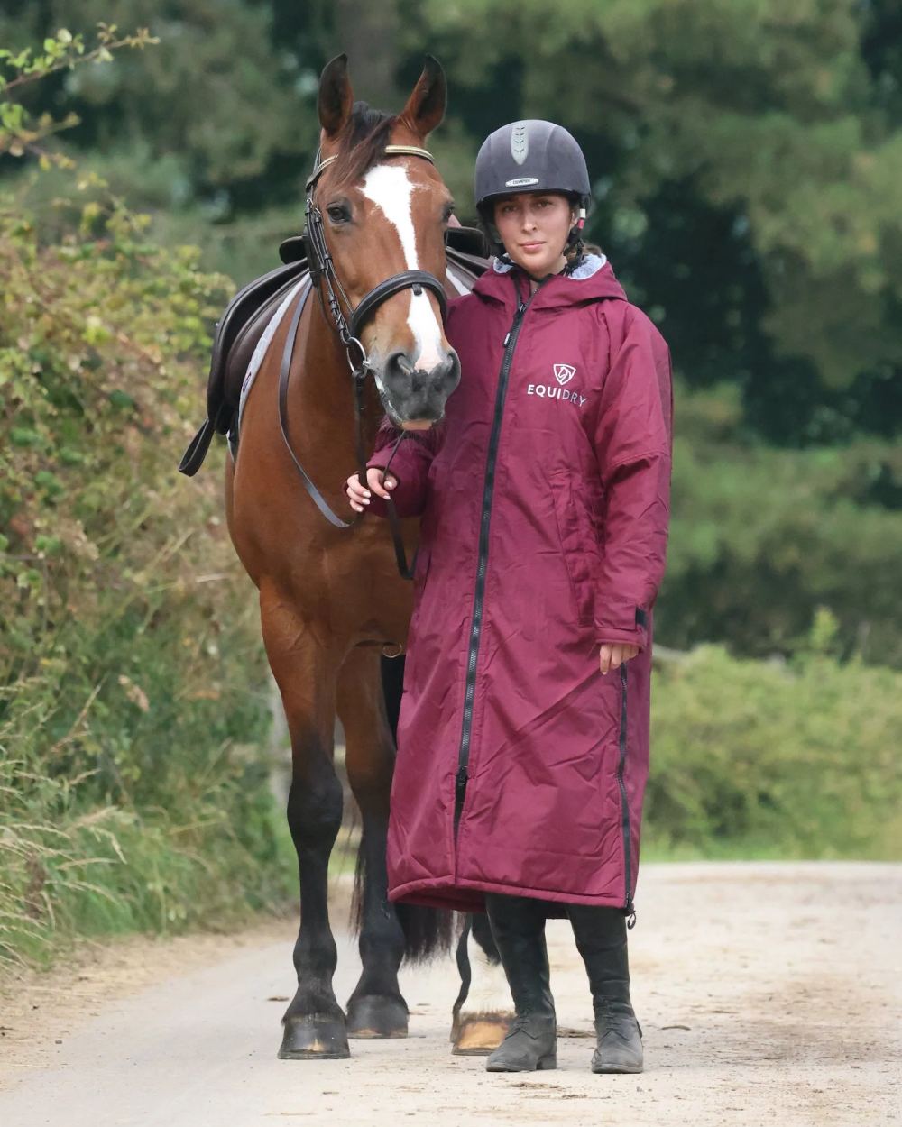 Plum Grey coloured Equidry Womens Original All Rounder Waterproof Coat on outdoor background