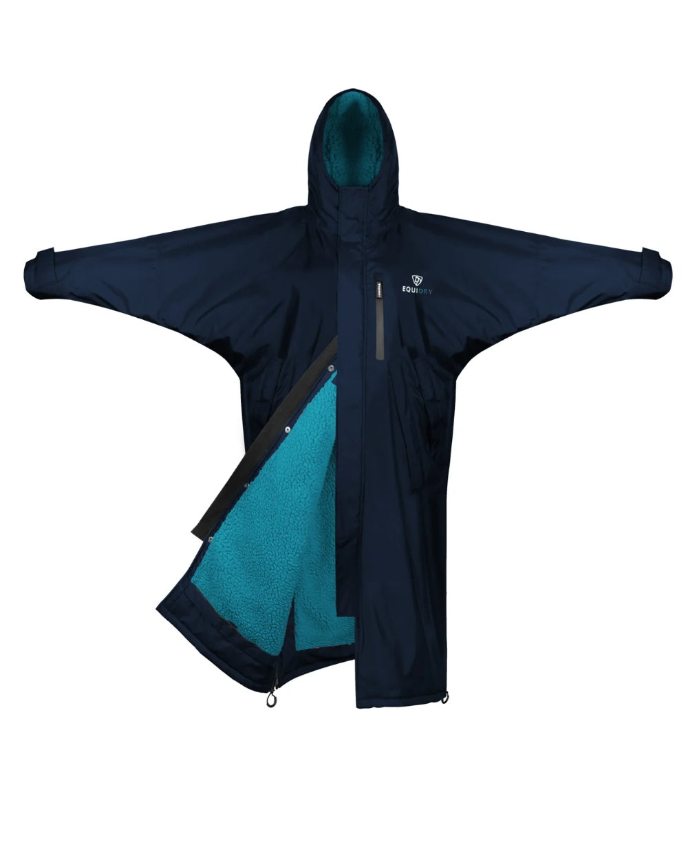 Navy Turquoise coloured Equidry Womens Pro Ride Evolution Thick Fleece With Stowaway Hood on white background
