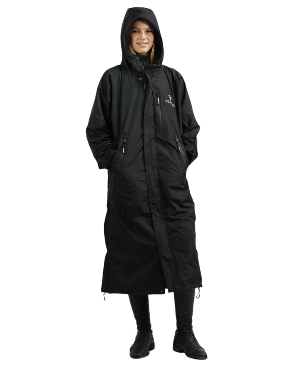 Black coloured Equidry Womens Pro Ride Evolution Thin Fleece Coat With Stowaway Hood on white background