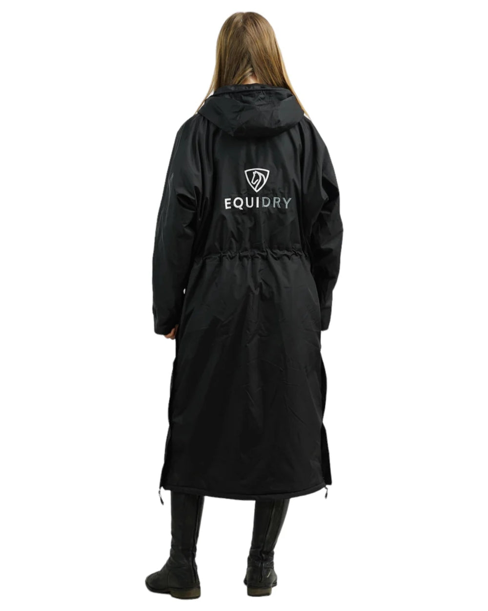 Black coloured Equidry Womens Pro Ride Evolution Thin Fleece Coat With Stowaway Hood on white background
