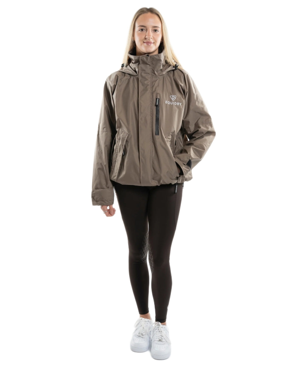 Taupe coloured Equidry Womens Shortie Mesh Lining Mac on white background