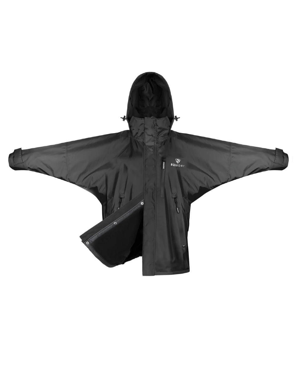 Black coloured Equidry Womens Shortie Thin Fleece Jacket With Stowaway Hood on white background