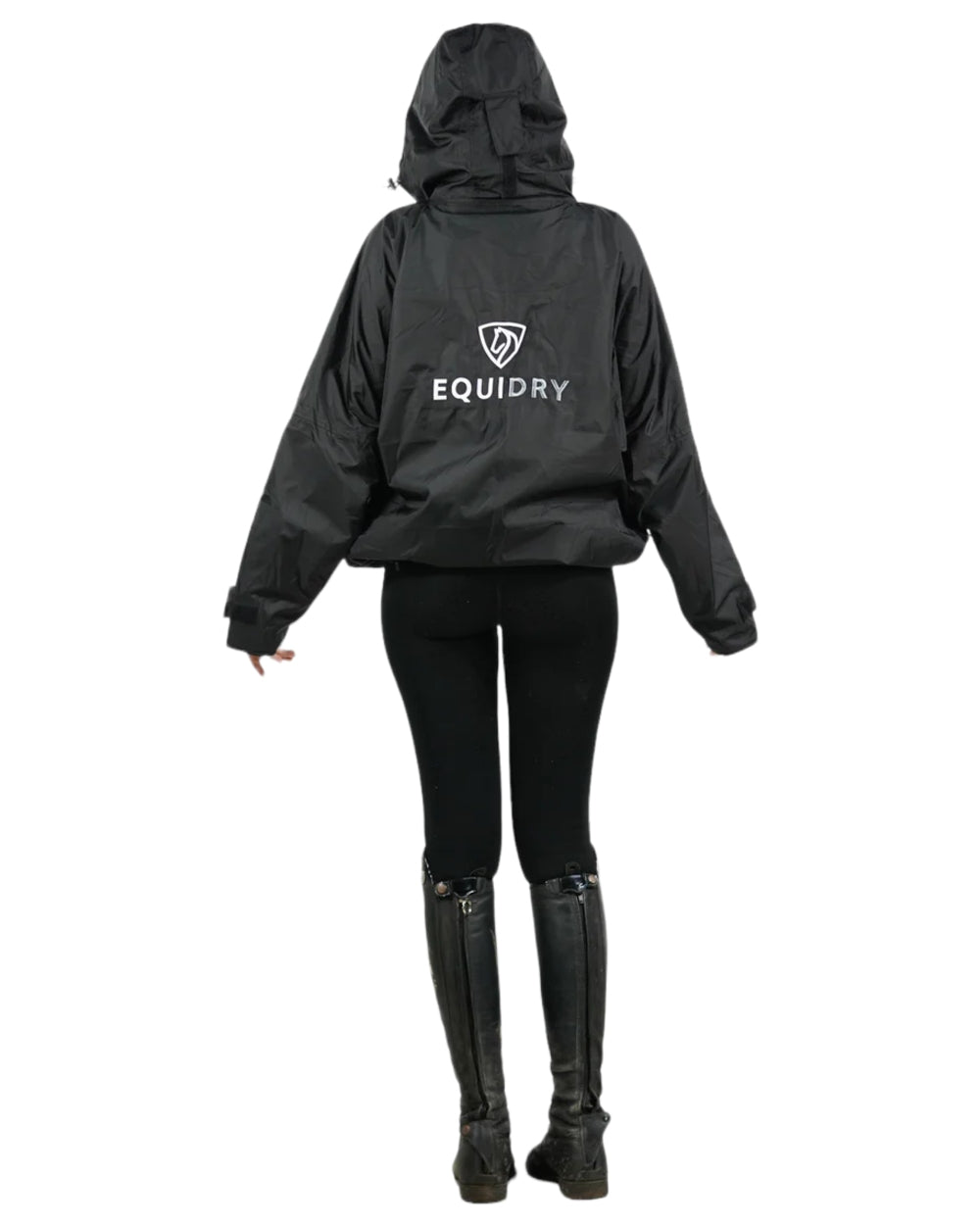 Black coloured Equidry Womens Shortie Thin Fleece Jacket With Stowaway Hood on white background