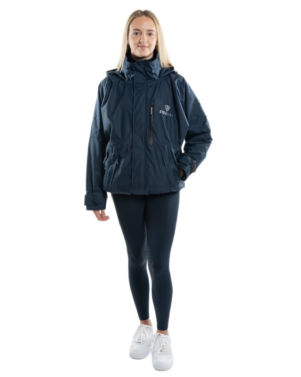Navy coloured Equidry Womens Shortie Thin Fleece Jacket With Stowaway Hood on white background
