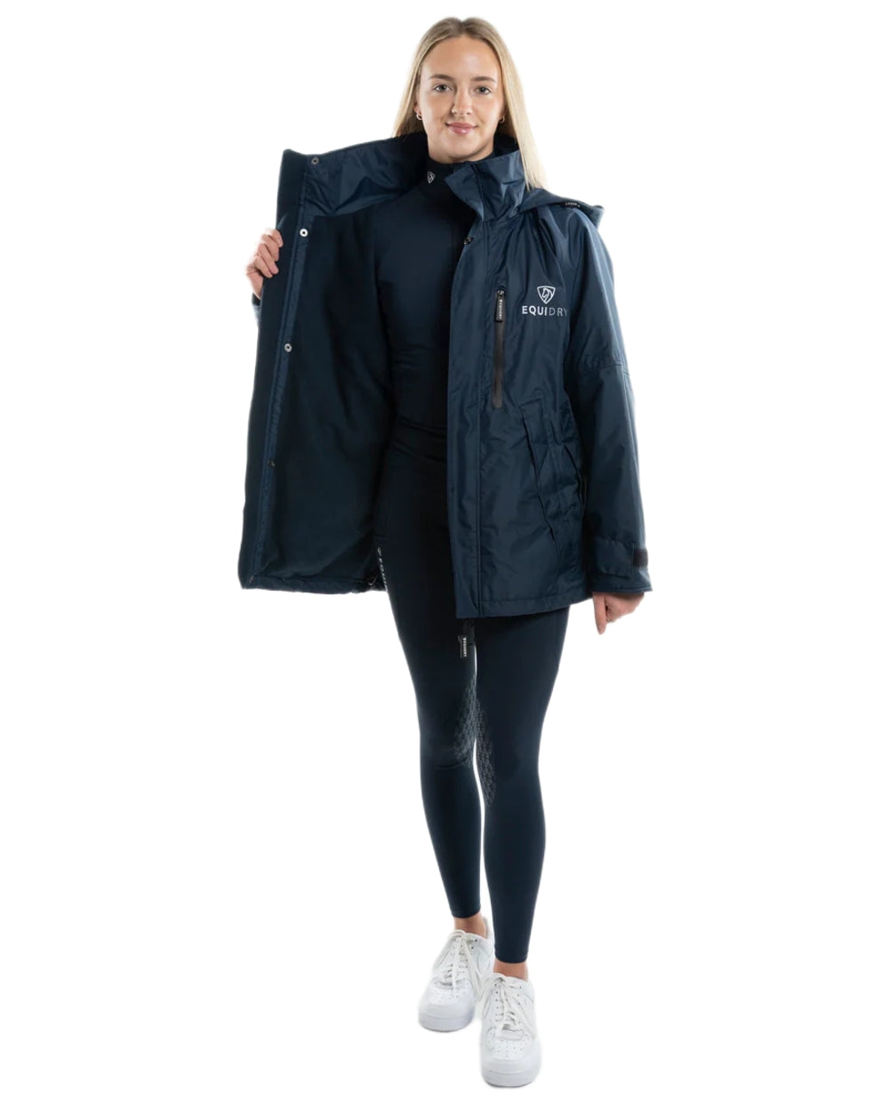 Navy coloured Equidry Womens Shortie Thin Fleece Jacket With Stowaway Hood on white background
