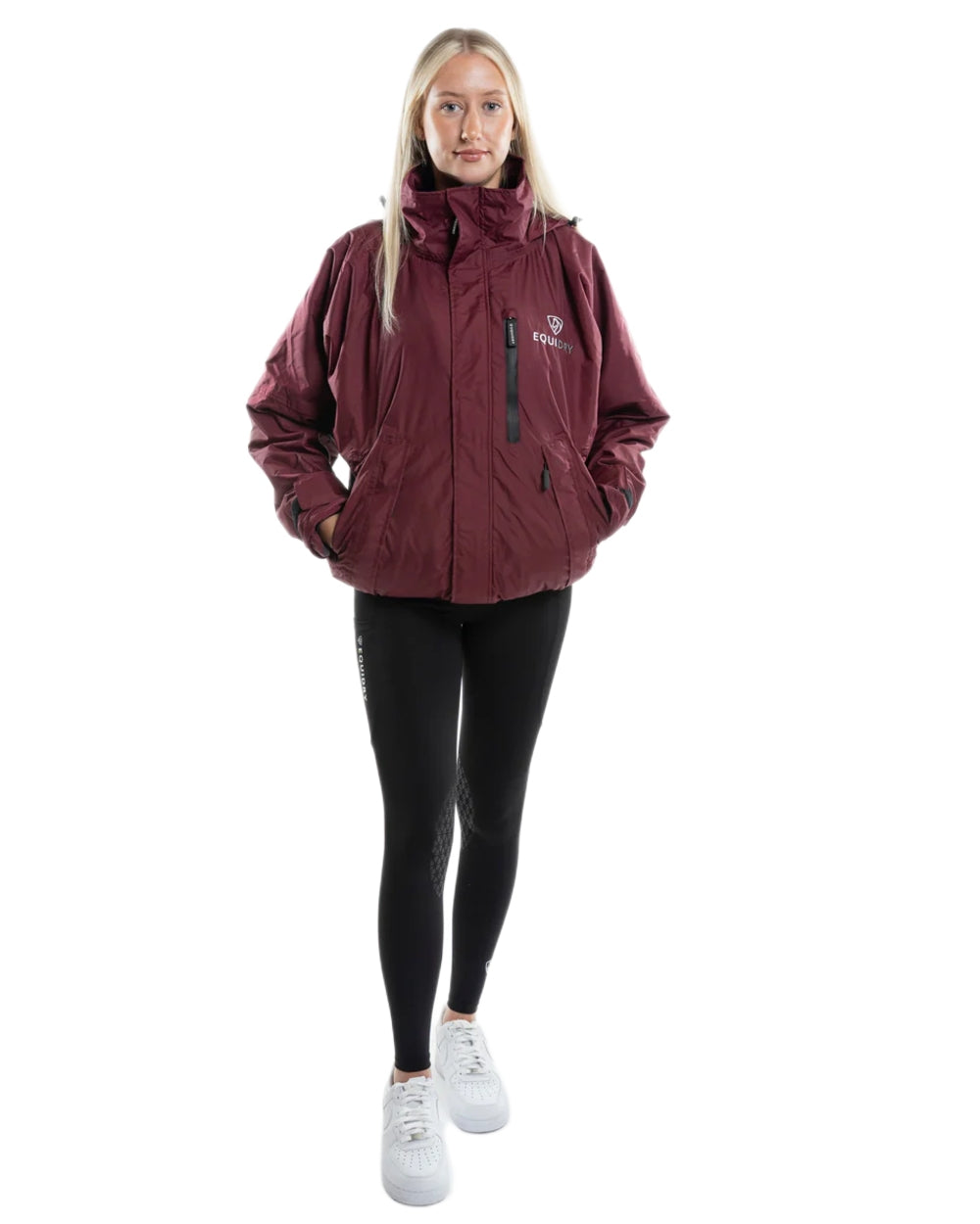 Plum Equidry Womens Shortie Thin Fleece Jacket With Stowaway Hood on white background