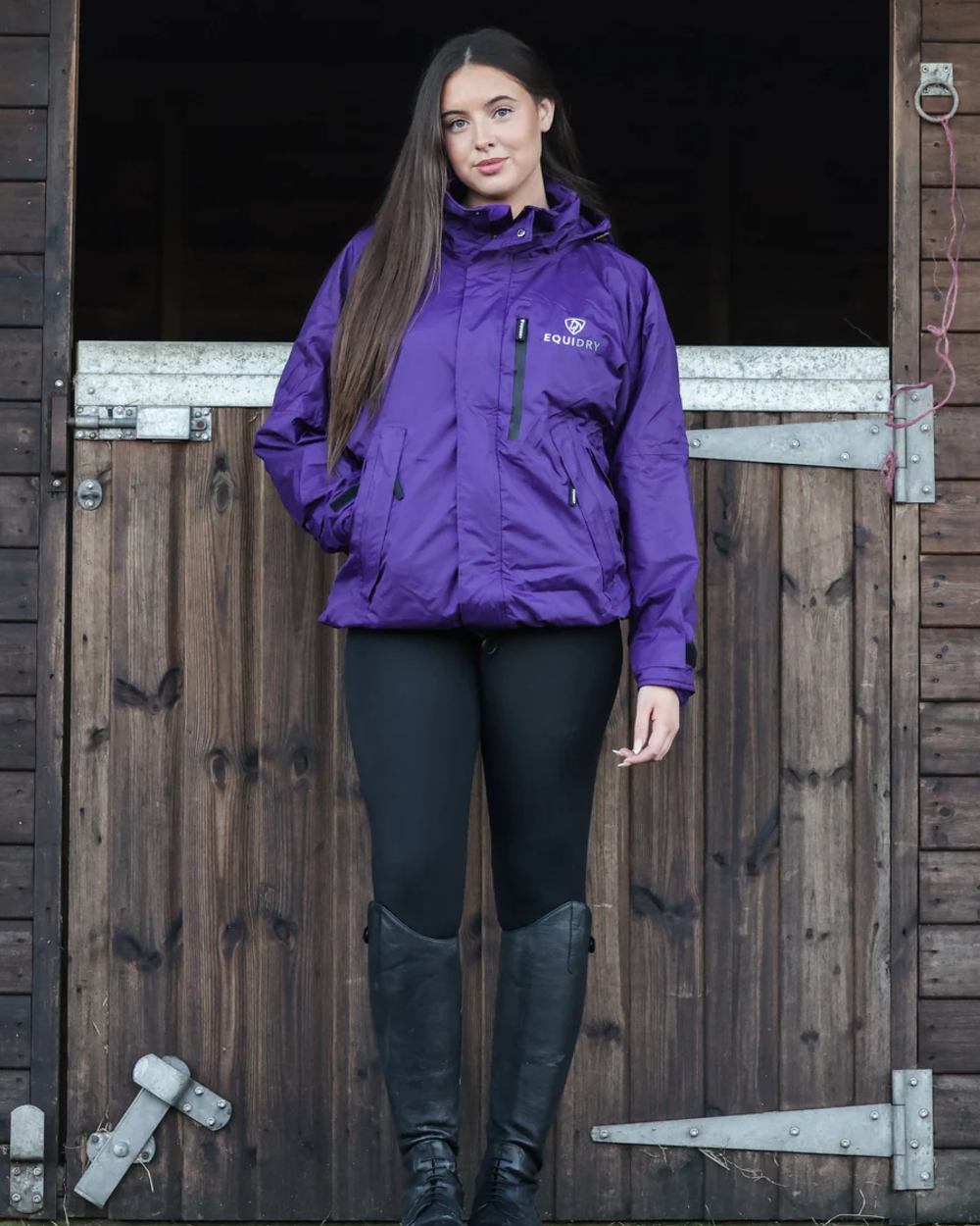 Purple Equidry Womens Shortie Thin Fleece Jacket With Stowaway Hood on outdoor background