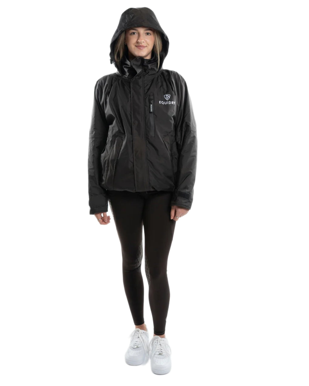 Rich Brown Equidry Womens Shortie Thin Fleece Jacket With Stowaway Hood on white background