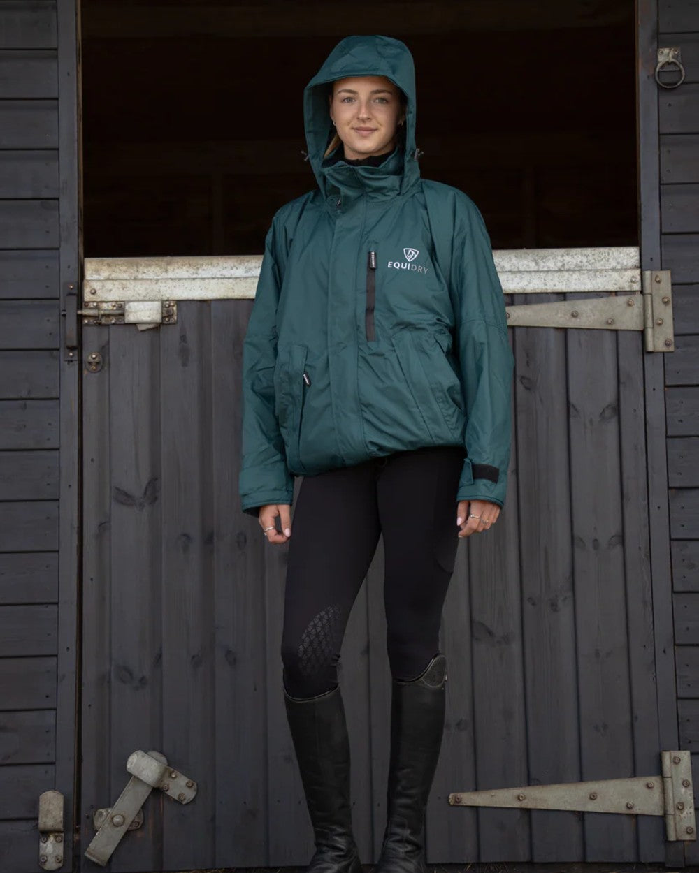 Teal Equidry Womens Shortie Thin Fleece Jacket With Stowaway Hood on outdoor background