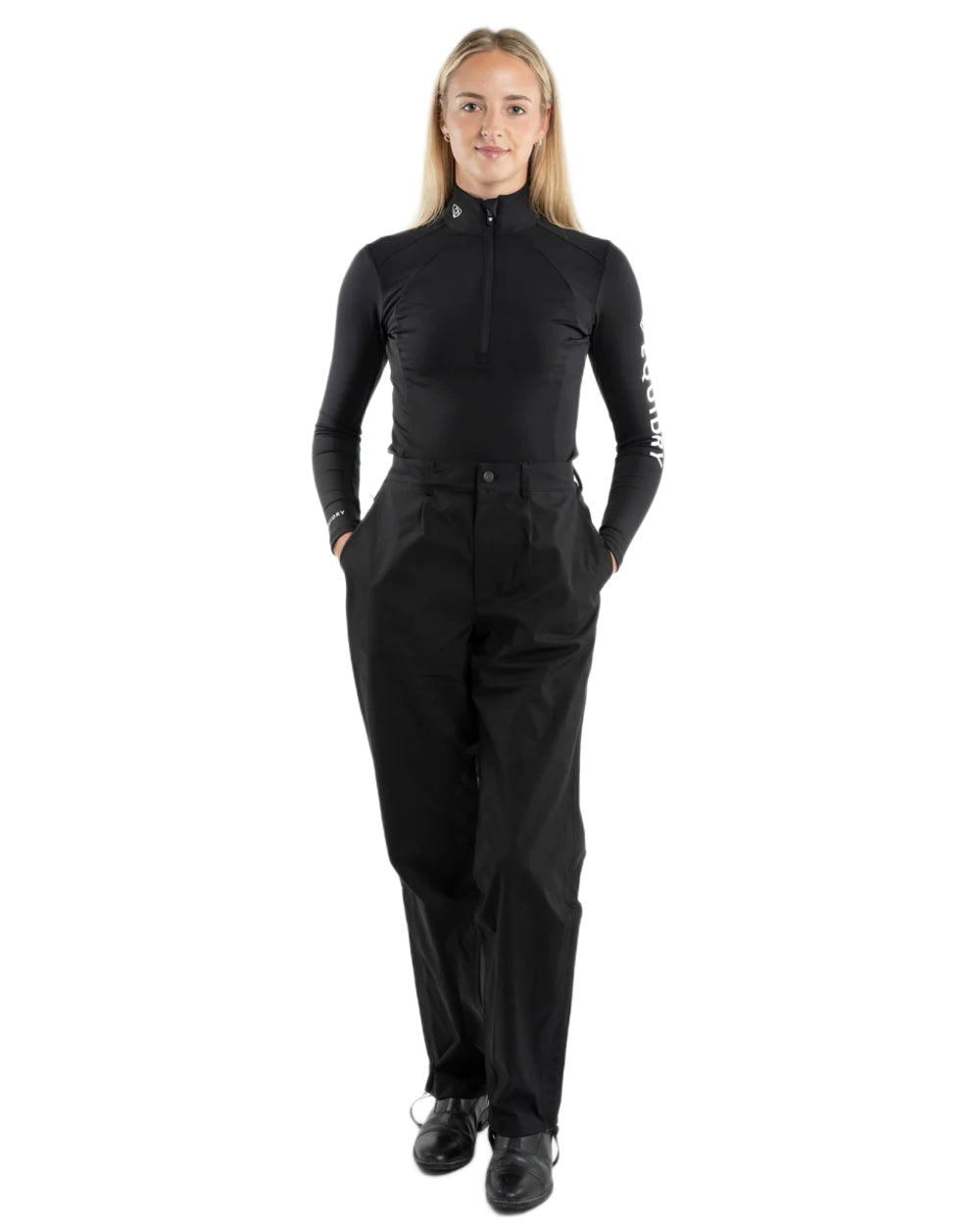Black coloured Equidry Womens Unlined Waterproof Trousers on white background
