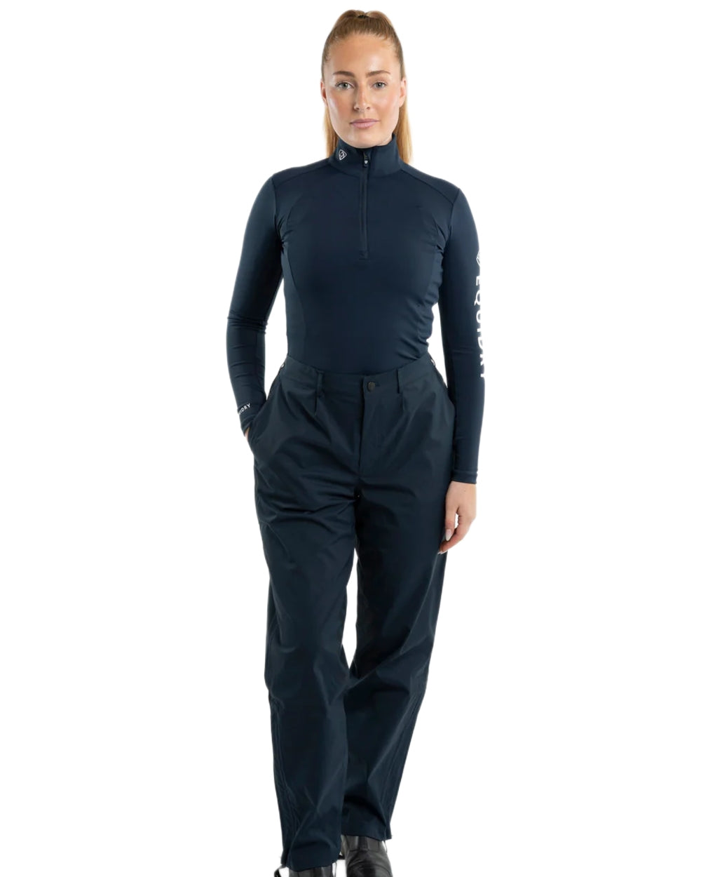 Navy coloured Equidry Womens Unlined Waterproof Trousers on white background