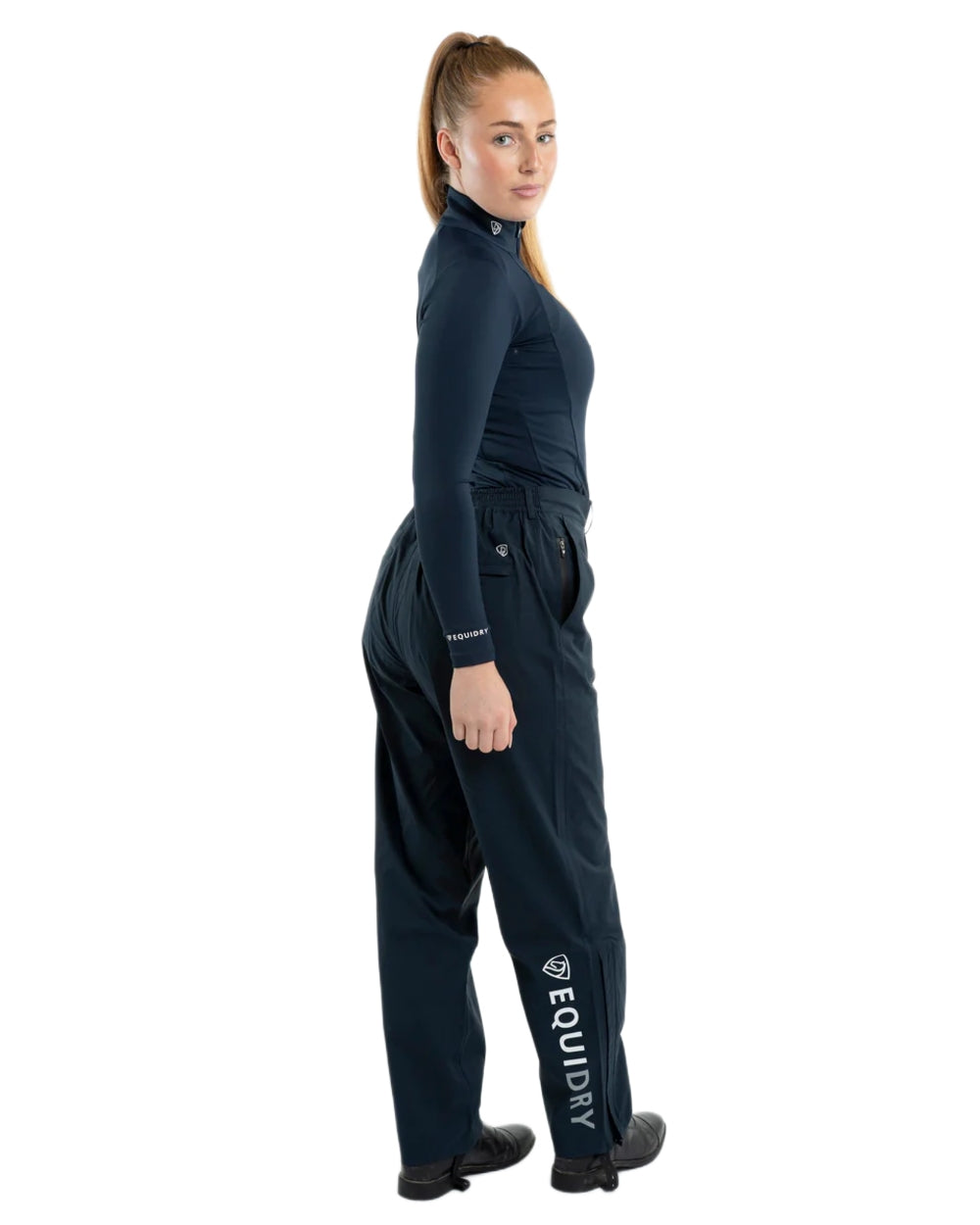 Navy coloured Equidry Womens Unlined Waterproof Trousers on white background