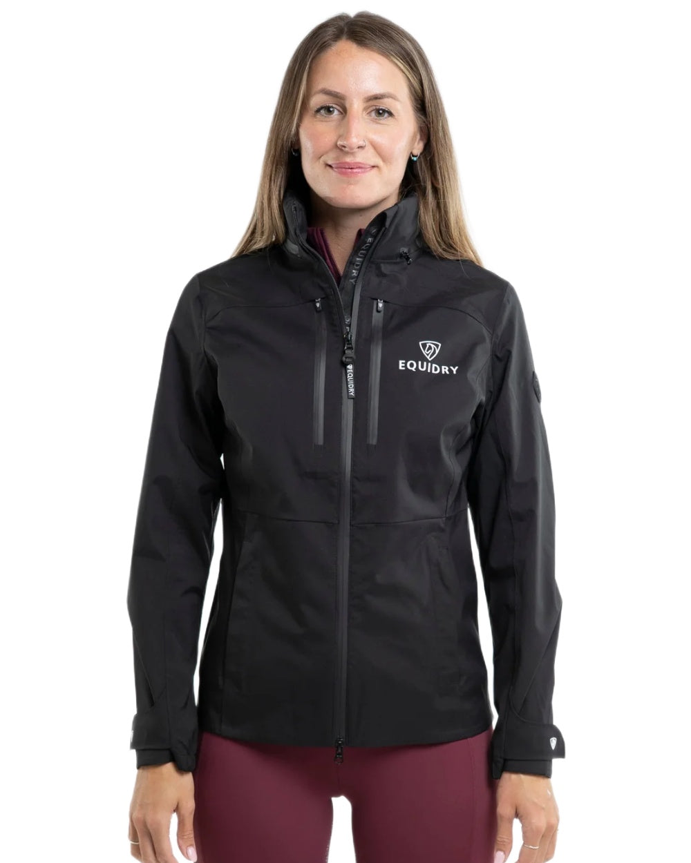 Black coloured Equidry Womens Varsha Jacket with Stowaway Hood on white background