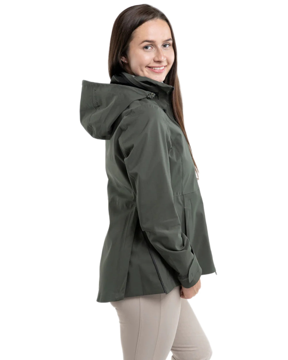 Khaki coloured Equidry Womens Varsha Jacket with Stowaway Hood on white background