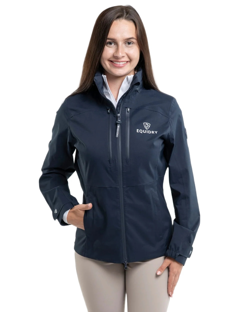 Navy coloured Equidry Womens Varsha Jacket with Stowaway Hood on white background