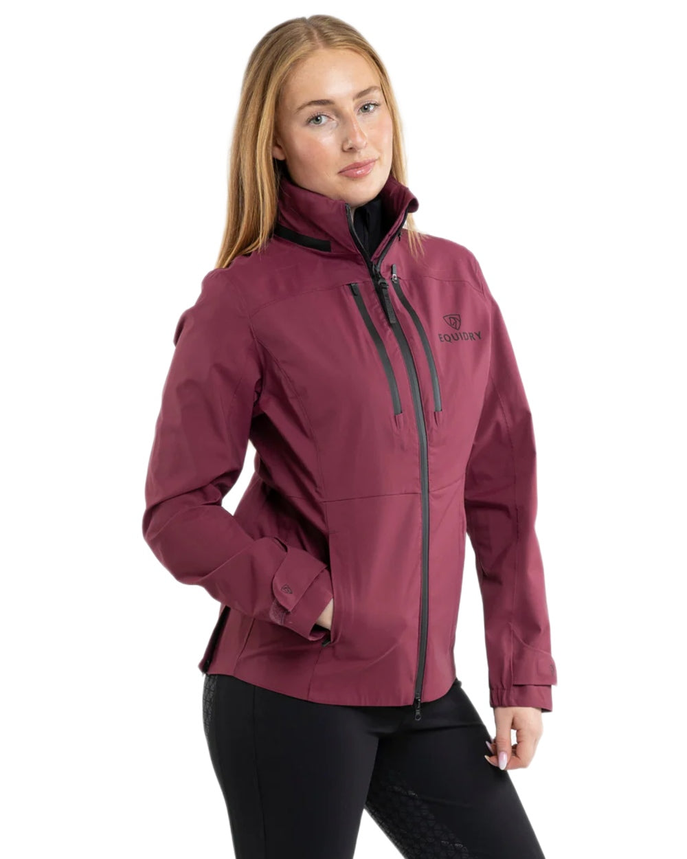 Plum coloured Equidry Womens Varsha Jacket with Stowaway Hood on white background