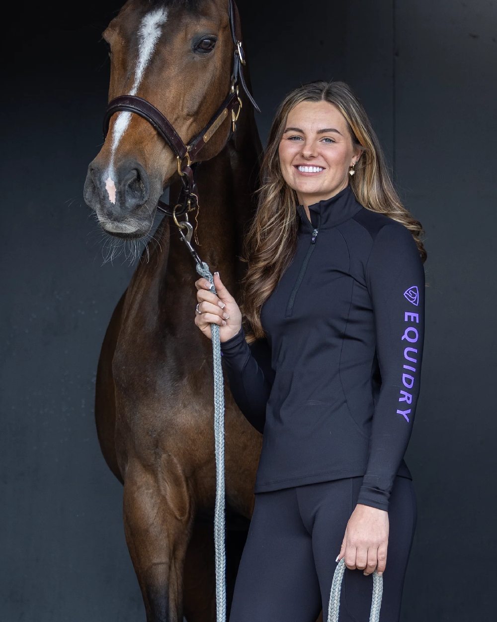 Black Lilac Coloured Equidry Womens Water Repellent Base Layer on stable background