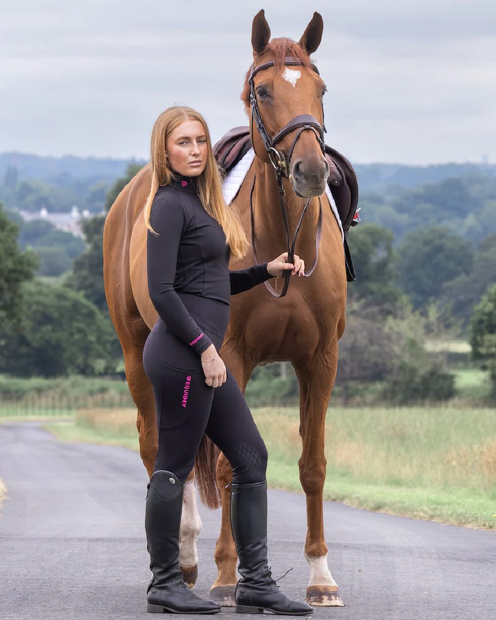 Black Peacock Pink Coloured Equidry Womens Water Repellent Base Layer on outdoor background