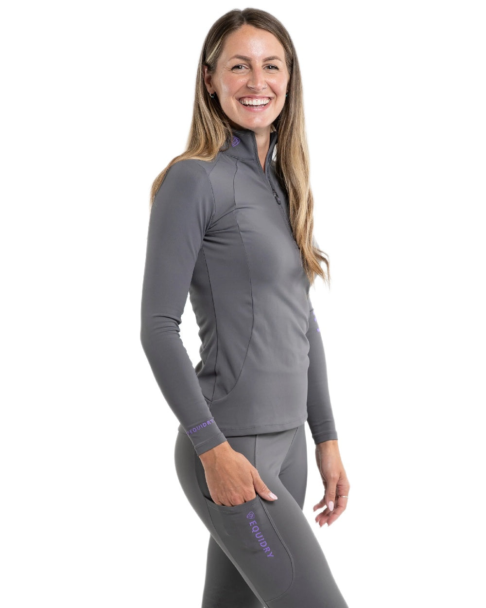 Grey Lilac Coloured Equidry Womens Water Repellent Base Layer on white background
