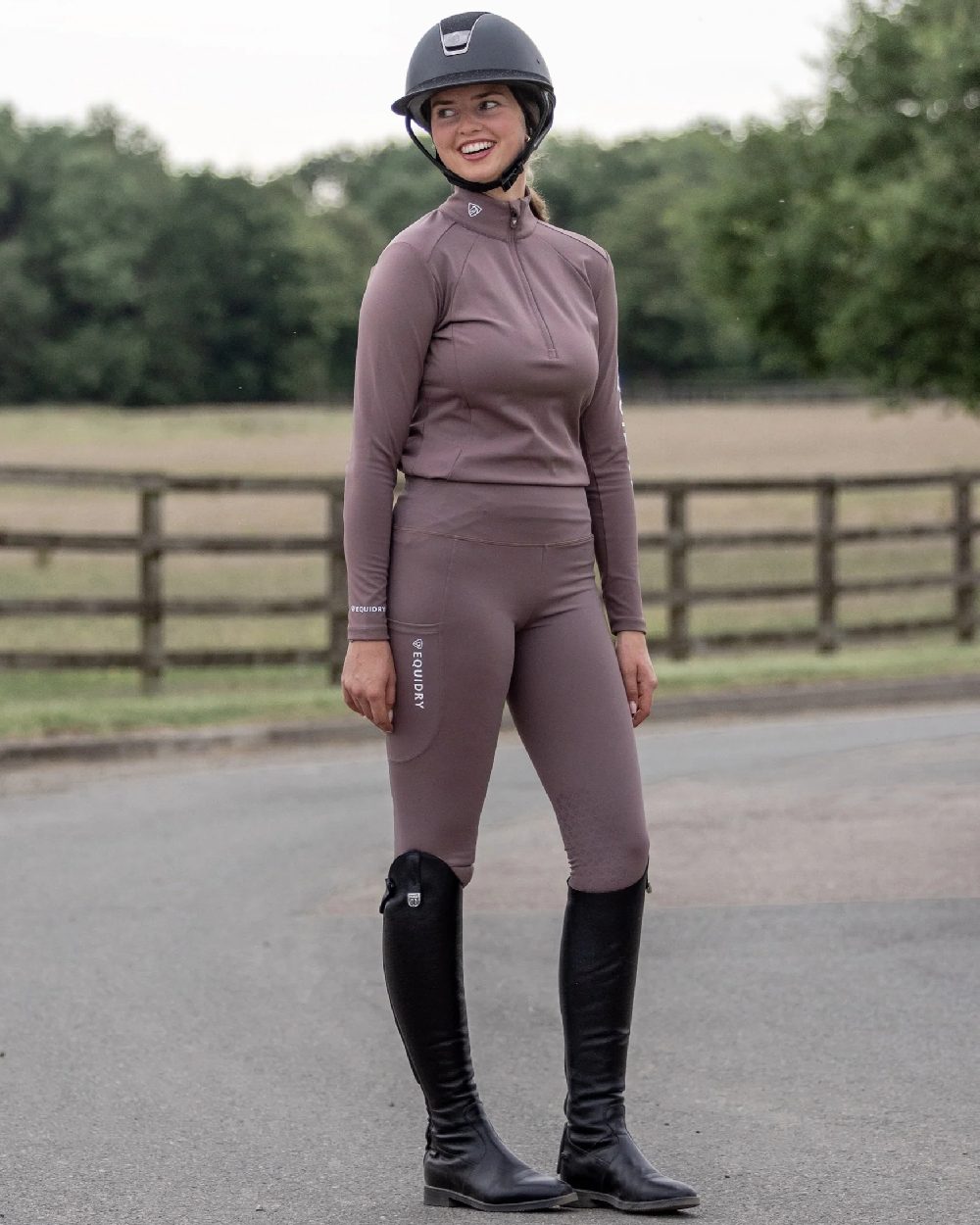 Mocha White Coloured Equidry Womens Water Repellent Base Layer on outdoor background