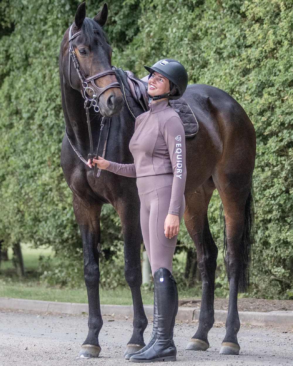 Mocha White Coloured Equidry Womens Water Repellent Base Layer on outdoor background