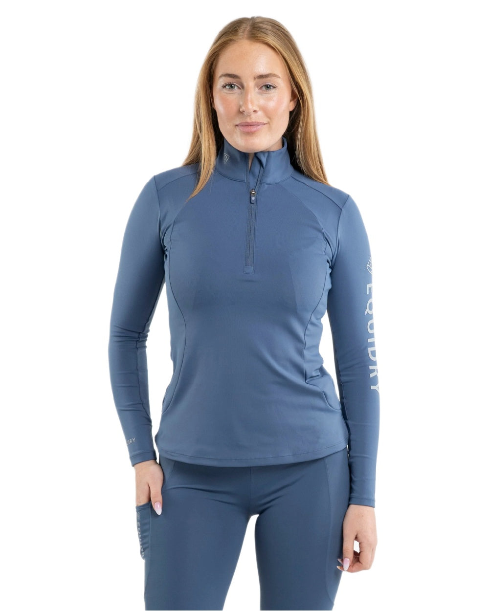 Steel Blue Grey Coloured Equidry Womens Water Repellent Base Layer on white background