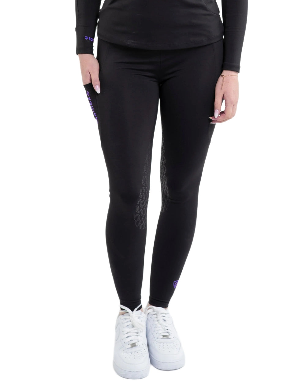 Black Lilac Coloured Equidry Womens Water Repellent Full Seat Leggings on white background