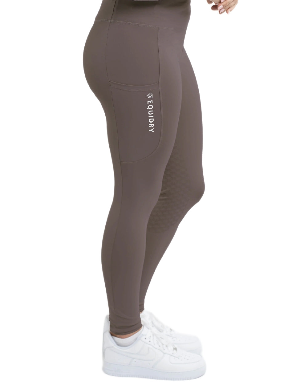 Mocha White Coloured Equidry Womens Water Repellent Full Seat Leggings on white background
