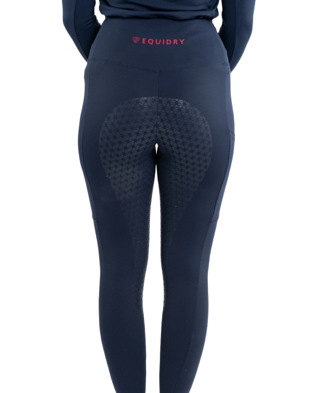 Navy Raspberry Coloured Equidry Womens Water Repellent Full Seat Leggings on white background