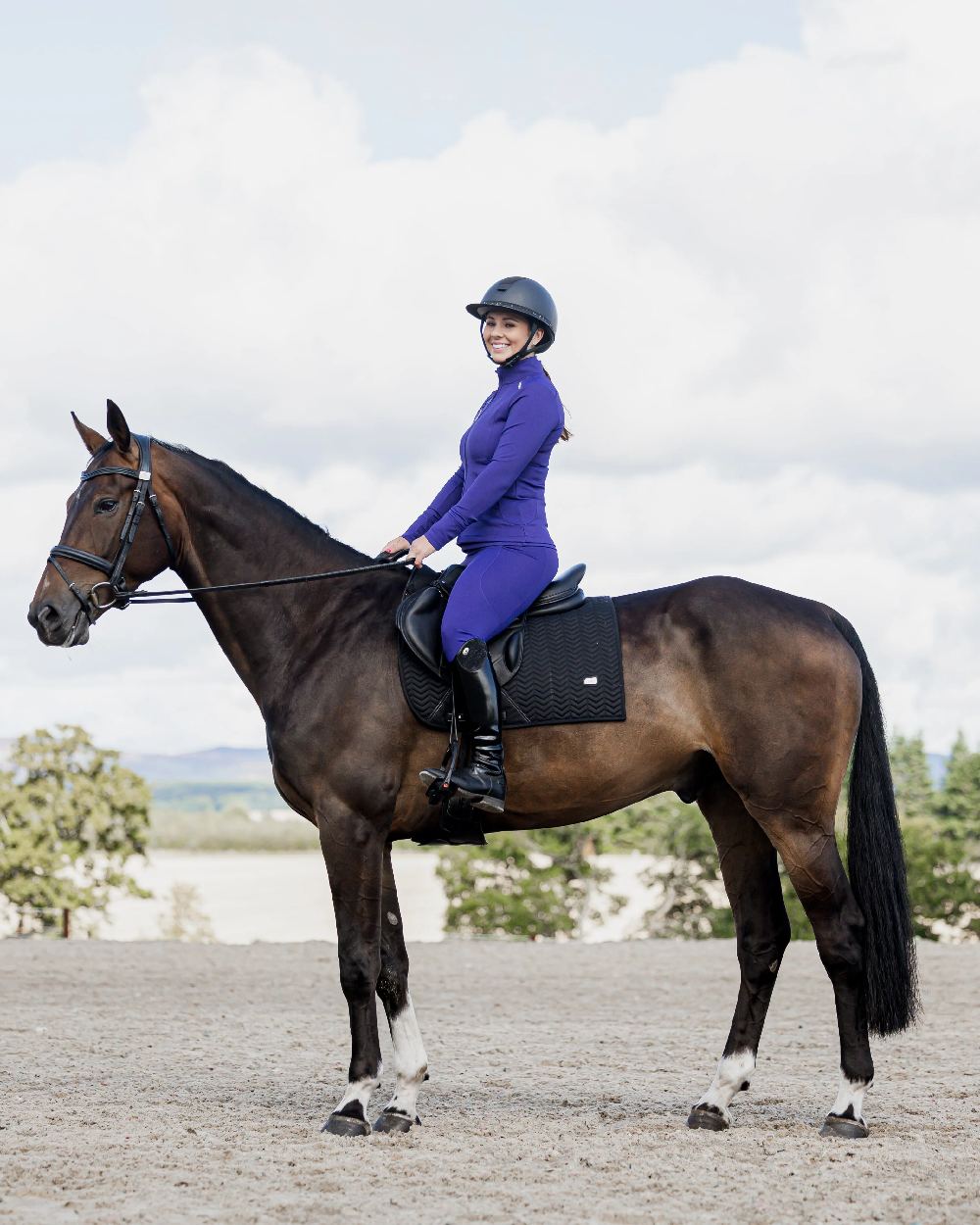 Purple White Coloured Equidry Womens Water Repellent Full Seat Leggings on outdoor background