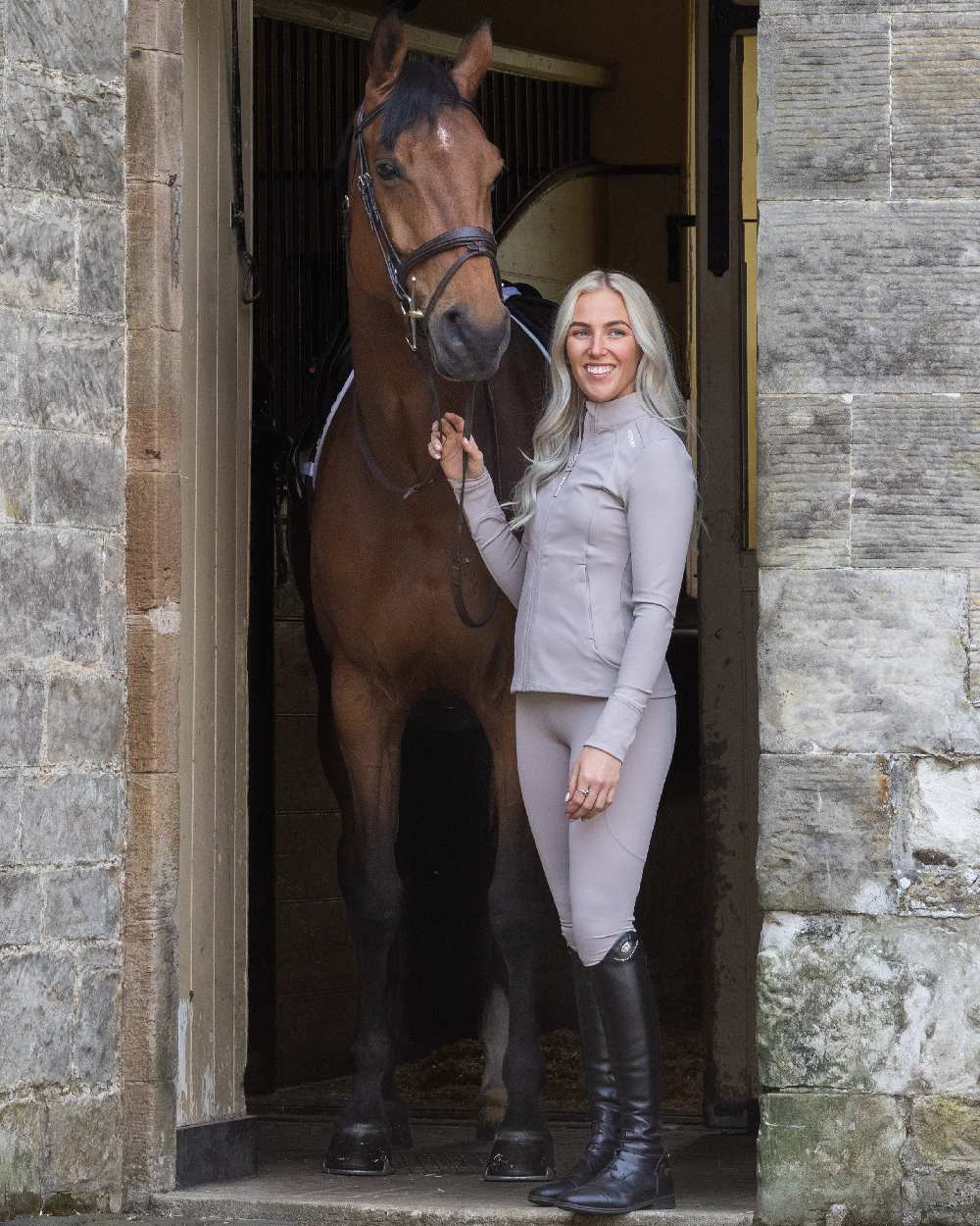 Sand White Coloured Equidry Womens Water Repellent Full Seat Leggings on outdoor background