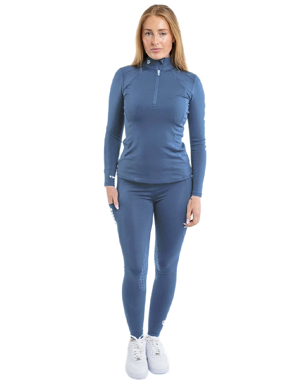 Steel Blue Silver Coloured Equidry Womens Water Repellent Full Seat Leggings on white background