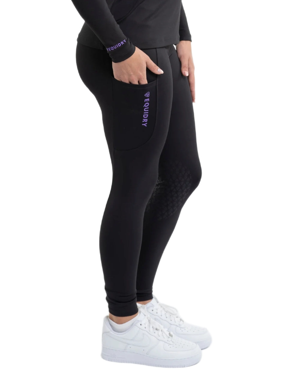 Black Lilac coloured Equidry Womens Water Repellent Leggings on white background
