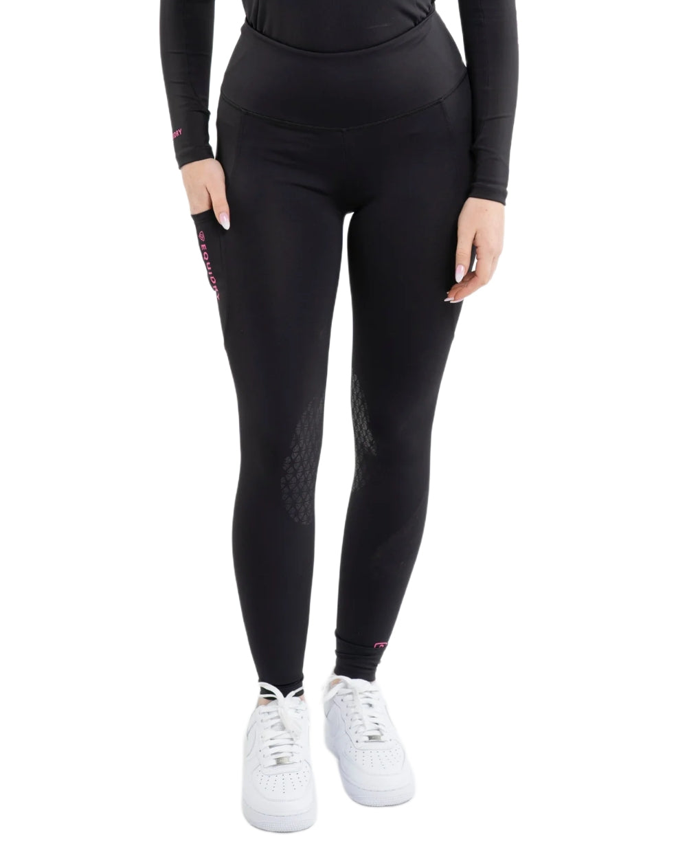 Black Peacock Pink coloured Equidry Womens Water Repellent Leggings on white background
