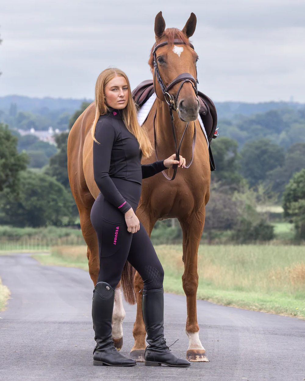 Black Peacock Pink coloured Equidry Womens Water Repellent Leggings on outdoor background