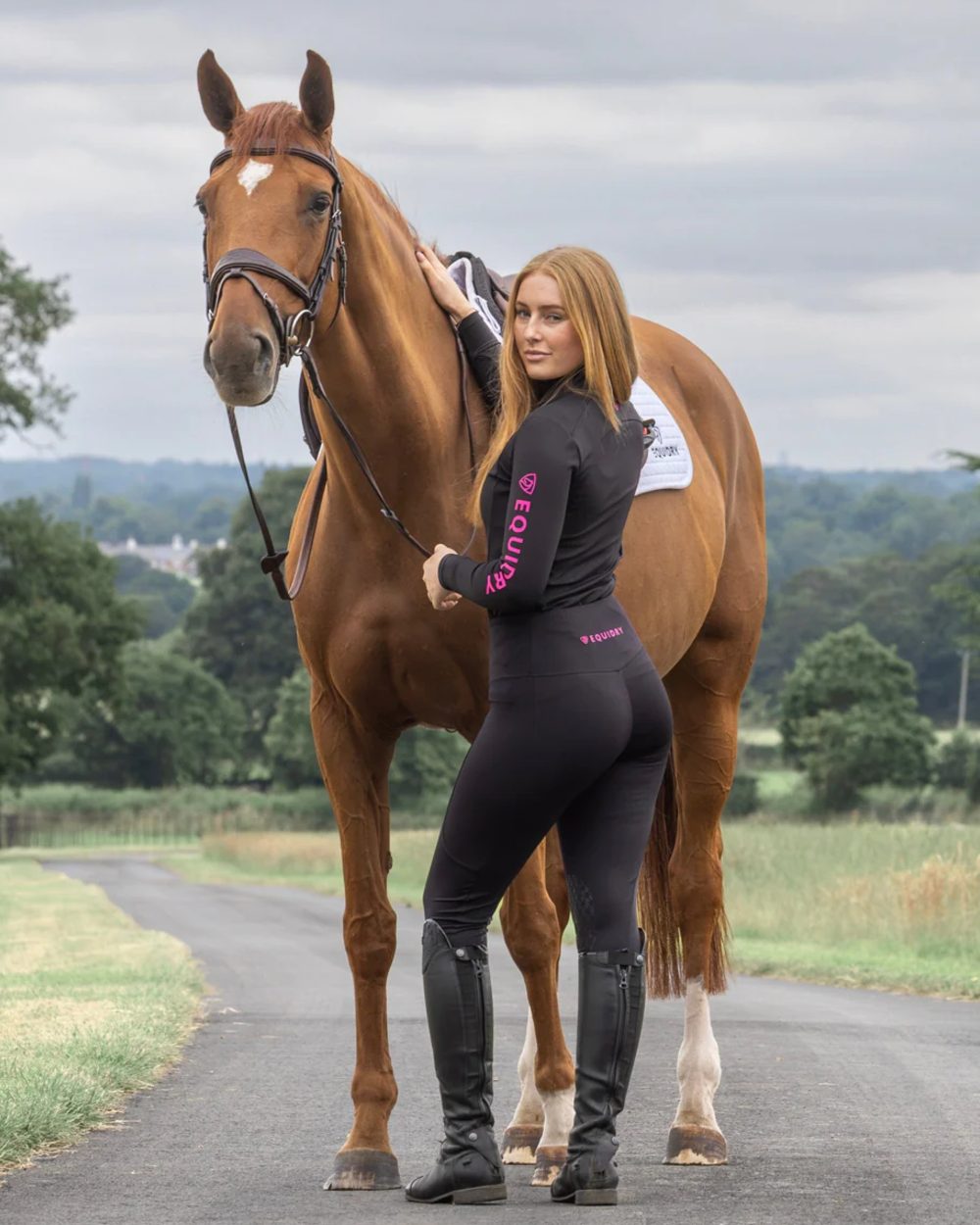 Black Peacock Pink coloured Equidry Womens Water Repellent Leggings on outdoor background