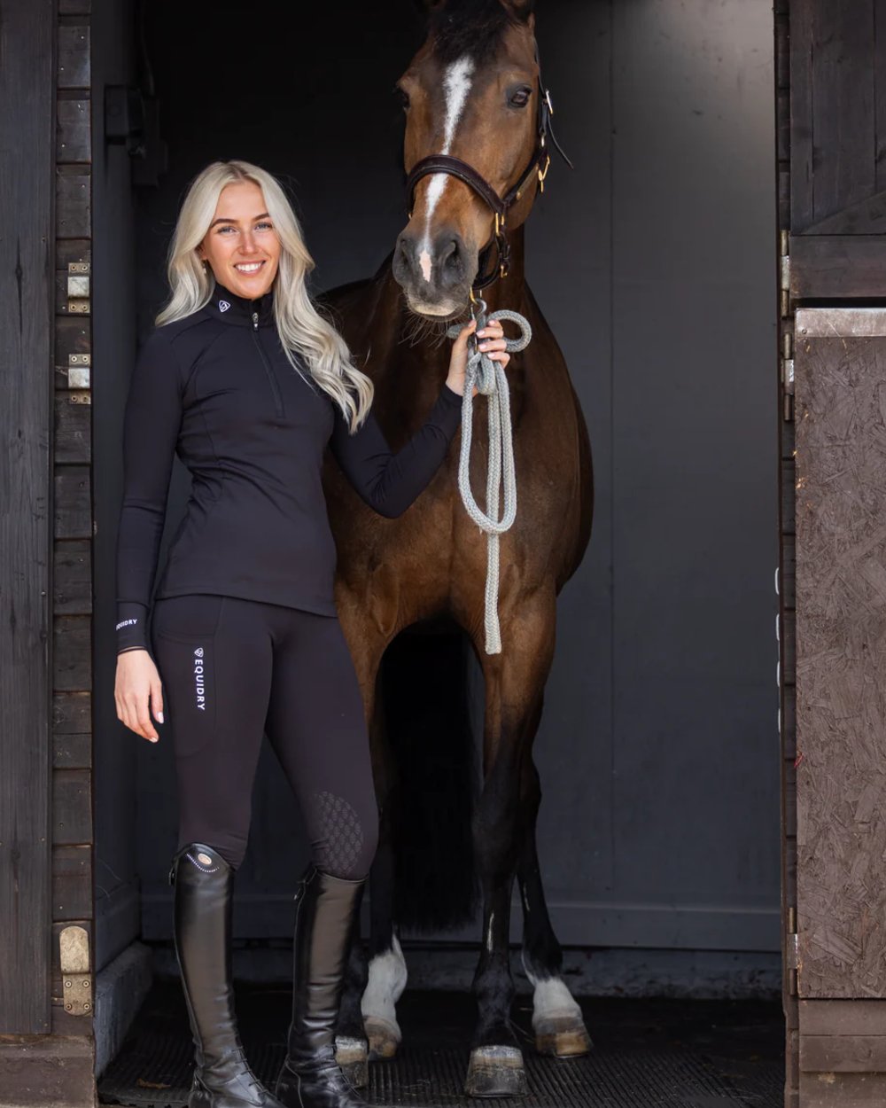 Black White coloured Equidry Womens Water Repellent Leggings on outdoor background