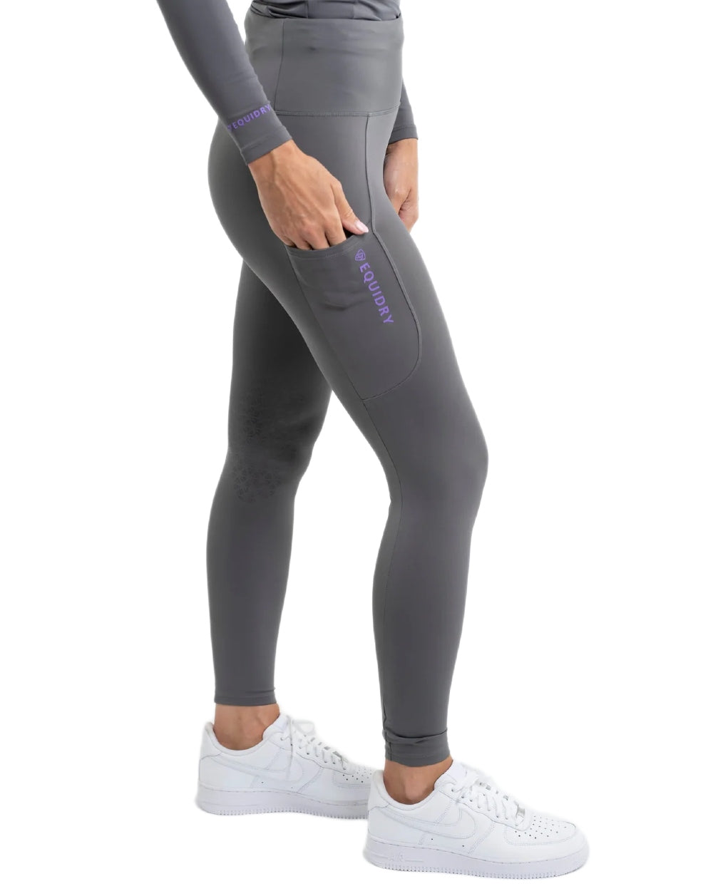 Grey Lilac coloured Equidry Womens Water Repellent Leggings on white background