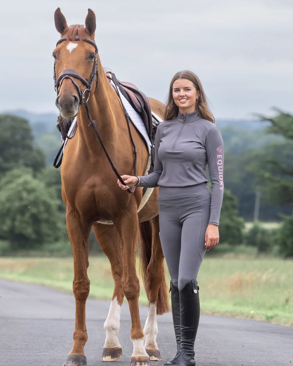 Grey Pale Pink coloured Equidry Womens Water Repellent Leggings on outdoor background