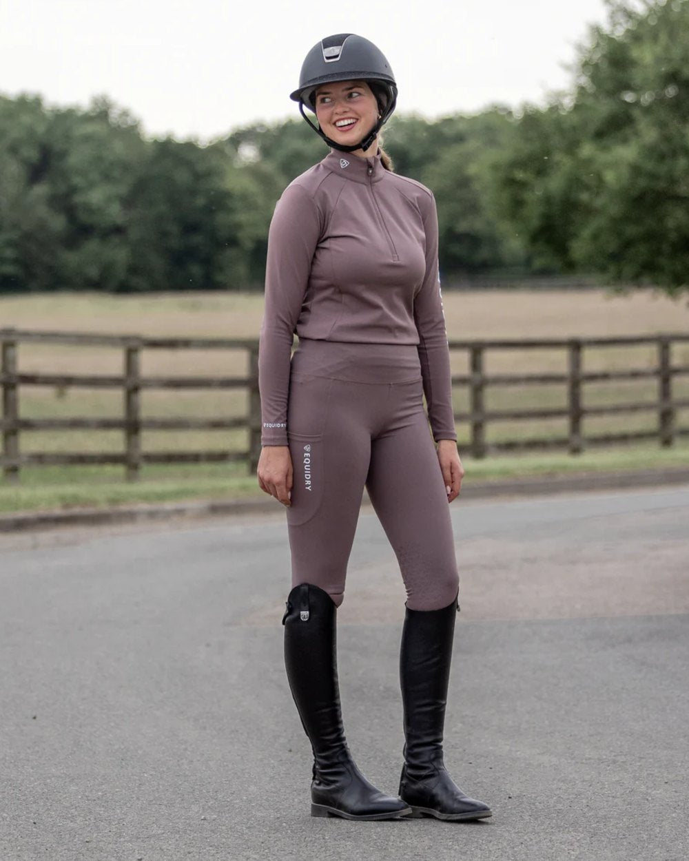 Mocha White coloured Equidry Womens Water Repellent Leggings on outdoor background