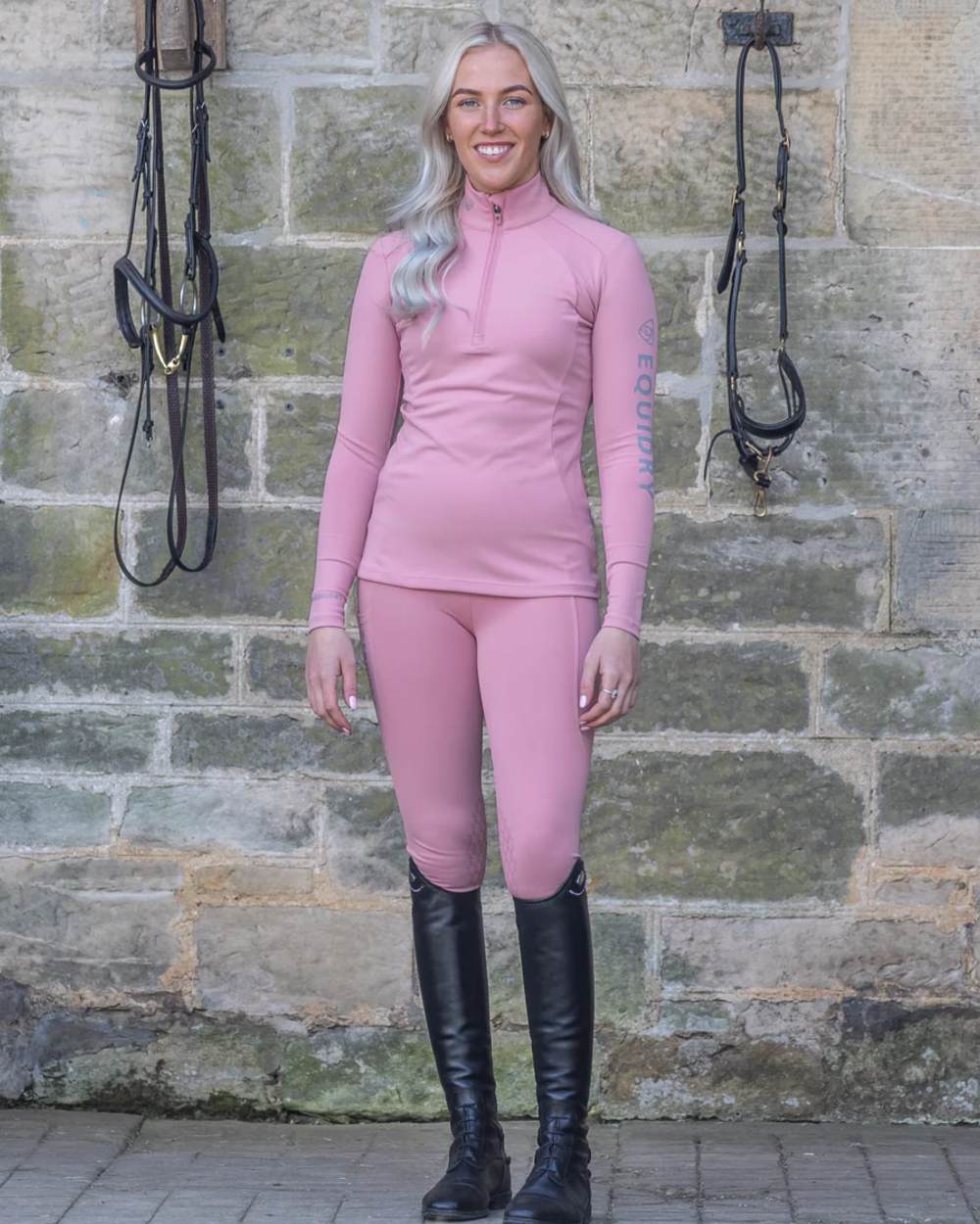 Pale Pink Grey coloured Equidry Womens Water Repellent Leggings on outdoor background