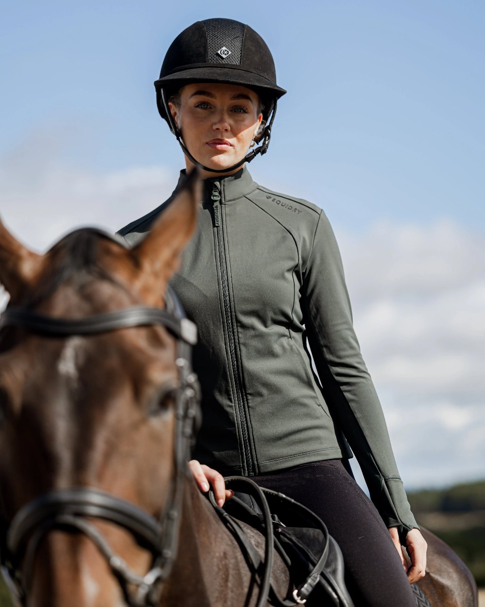 Black Forest Green Black Coloured Equidry Womens Water Repellent Zip Up Top on outdoor background