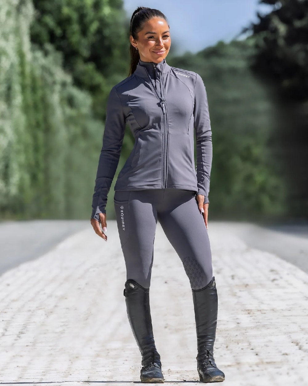 Grey White Coloured Equidry Womens Water Repellent Zip Up Top on outdoor background