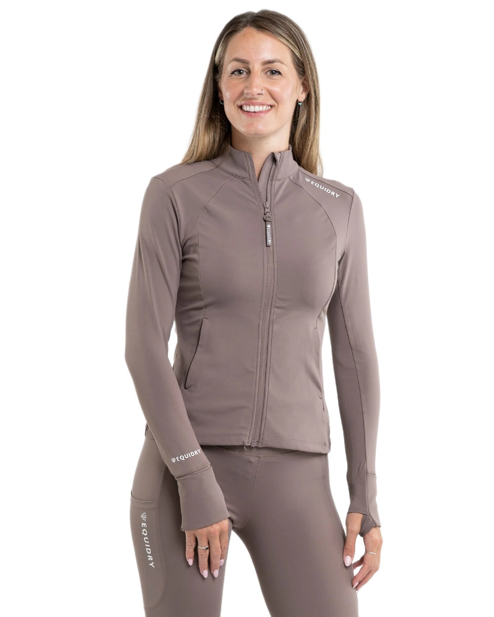 Mocha White Coloured Equidry Womens Water Repellent Zip Up Top on white background