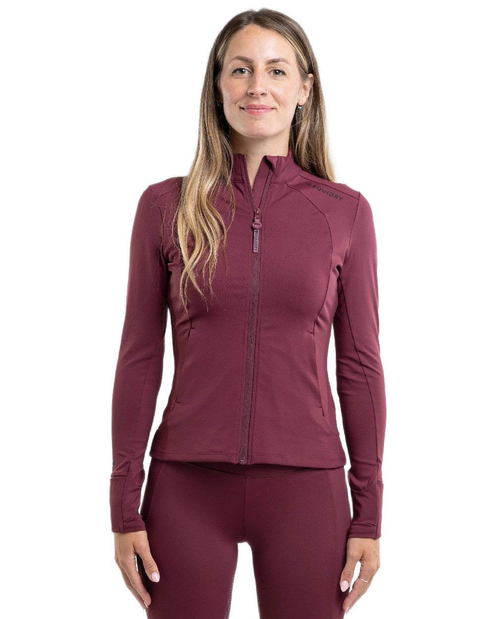 Plum Black Coloured Equidry Womens Water Repellent Zip Up Top on white background