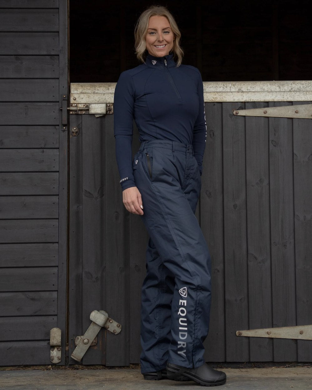 Navy Coloured Equidry Womens Waterproof Fleece Lined Trousers on outdoor background