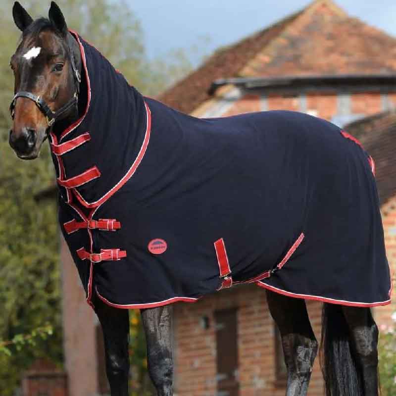Fleece and Cooler Rugs for horses. Brown horse wears full body cover in Navy. 