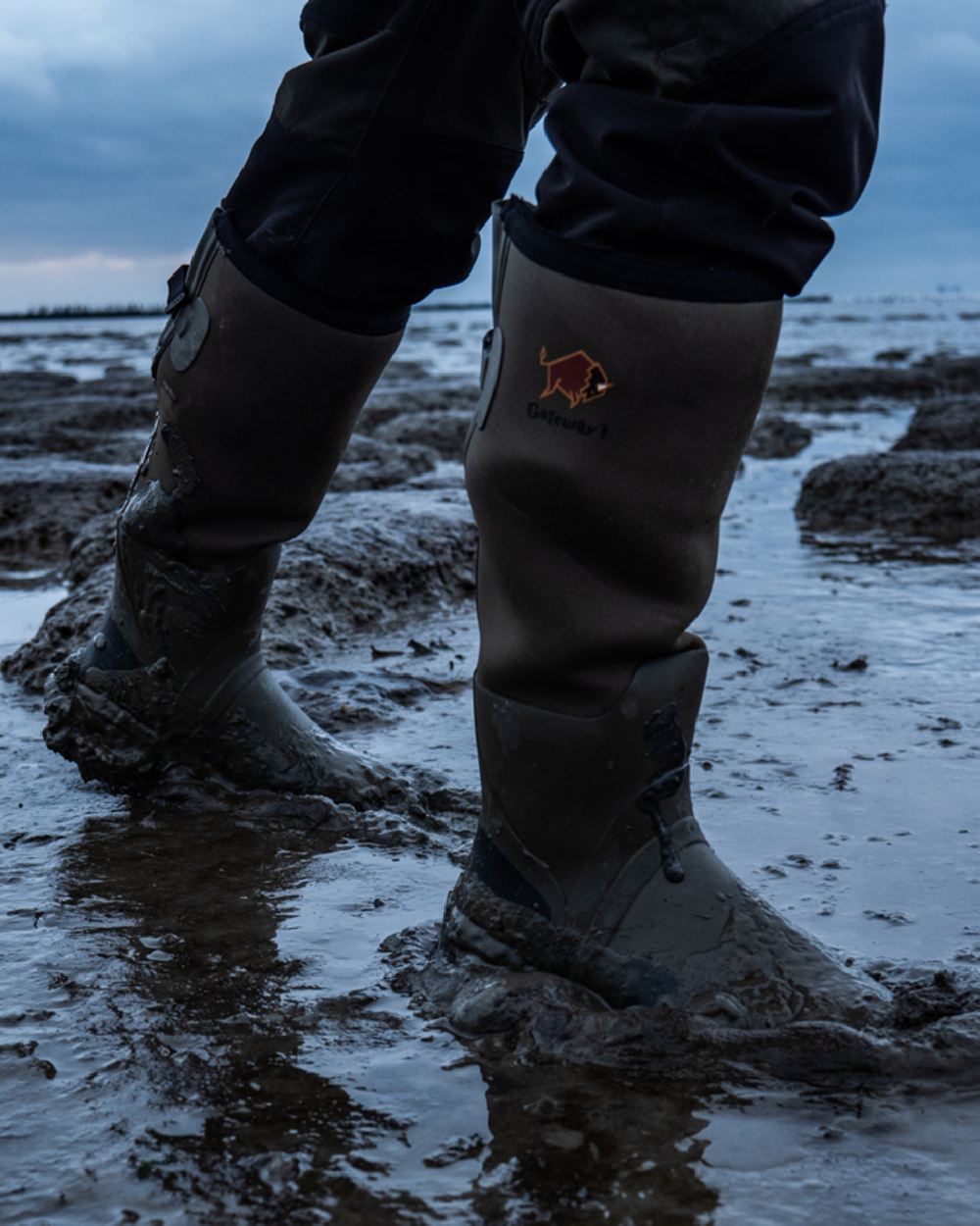 Khaki Coloured Gateway1 Woodwalker Wide 18" 4mm Wellingtons on outdoor background